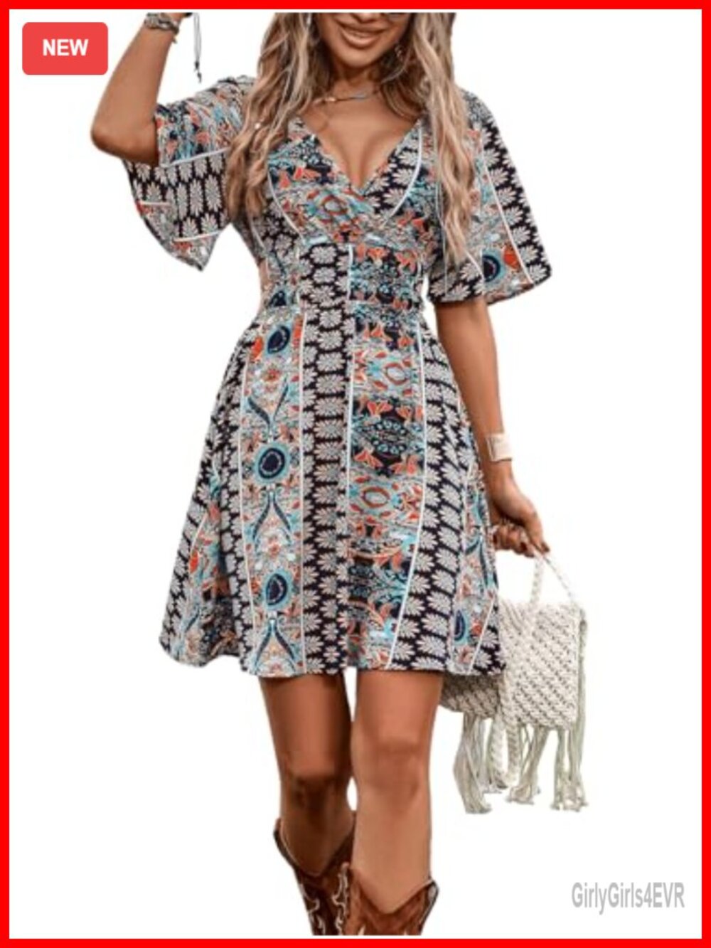 Western Boho Mini Dress - V-Neck Short Sleeve A-Line Tie Back